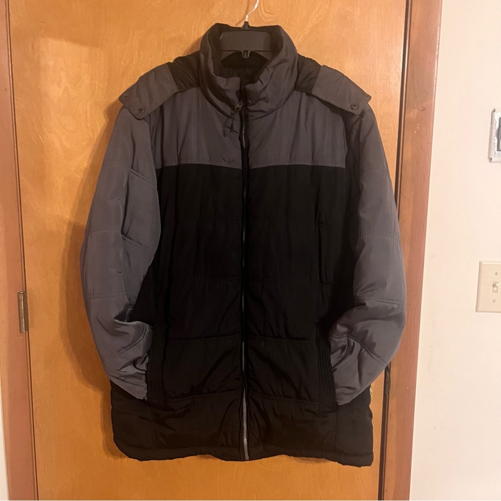 Winter black and gray jacket with hoodie